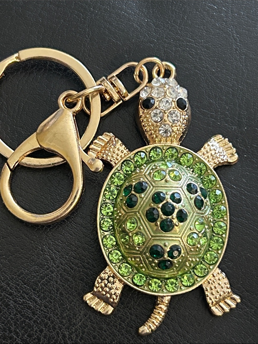 Gold Turtle Keychain with Green Crystals